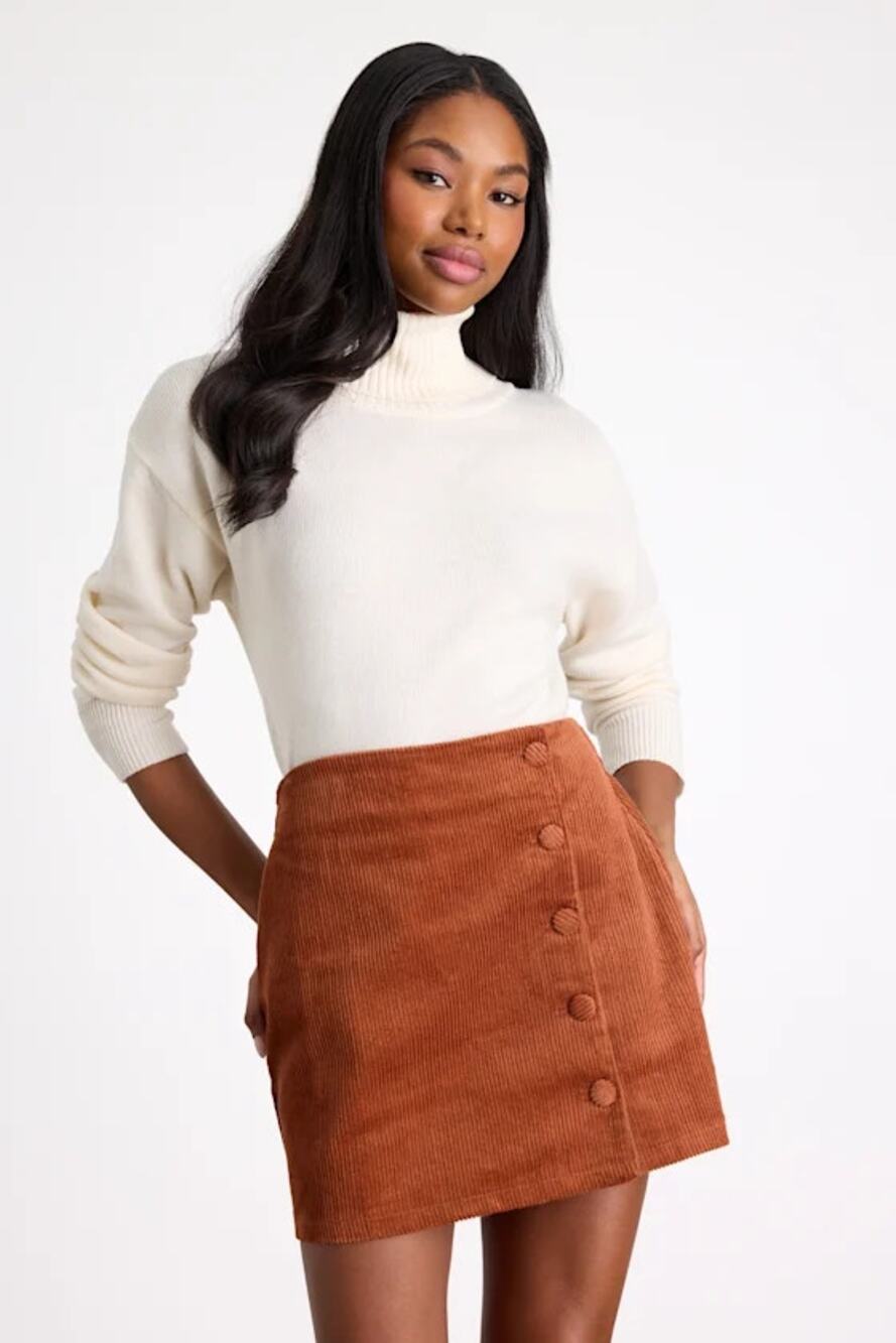 Lulus Katherina Rust Brown Western Country Button Front Corduroy Skirt Size XS